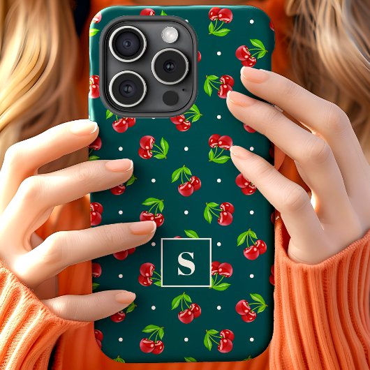 Coques Case-Mate iPhone Cerises Jolies à Points sur Monogramme Sarcelle