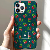 Coques Case-Mate iPhone Cerises Jolies à Points sur Monogramme Sarcelle