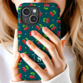 Coques Case-Mate iPhone Cerises Jolies à Points sur Monogramme Sarcelle