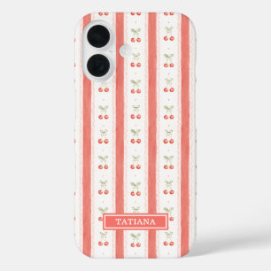 Coques iPhone 16 Cerises Monogrammées à Rayures Aquarelle