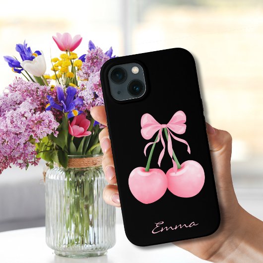 Coques Case-Mate iPhone Cerises roses élégantes et modernes avec un nœud r
