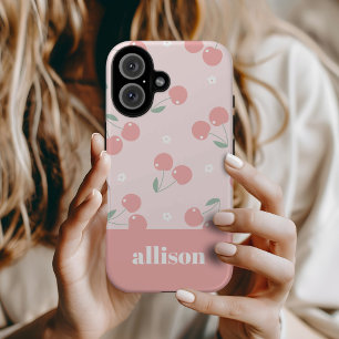 Coques iPhone 16 Cerises roses Retro Nom personnalisé Monogramme