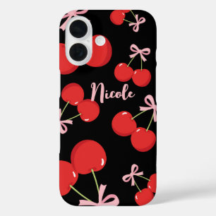 Coques iPhone 16 Cerises Rouges avec Nœud Rose Coquette Cottage Chi