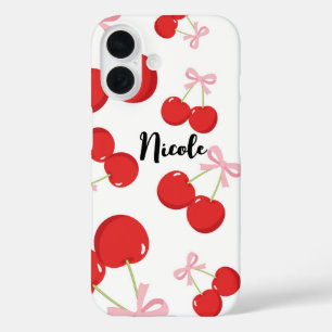 Coques iPhone 16 Cerises Rouges avec Ruban Rose Coquette Cottage Ch