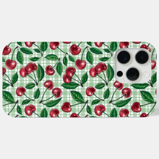 Coques Case-Mate iPhone Cerises rouges sur en vichy vert clair (Verso (horizontal))