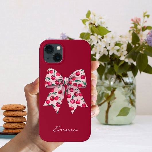 Coques Case-Mate iPhone Cerises sur Pink Bow, mignonne, Moderne, Aquarelle