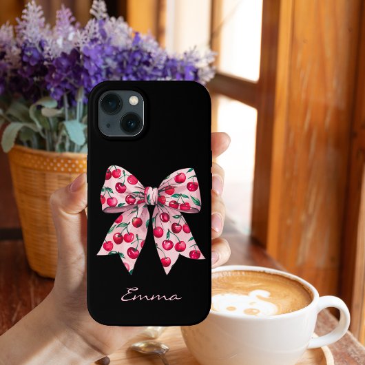 Coques Case-Mate iPhone Cerises sur Pink Bow, mignonne, Moderne, Aquarelle
