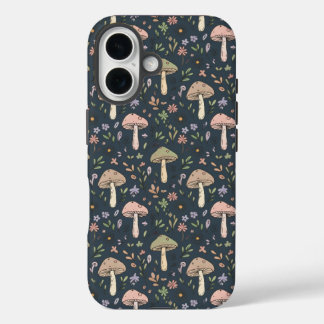 Coques iPhone 16 Champignons Bleu Ardoise Profond Motif Sans Coutur
