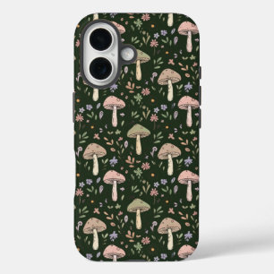 Coques iPhone 16 Champignons Vert Olive Terreux Motif Sans Couture