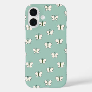 Coques iPhone 16 Charmant Cottagecore Papillon Menthe & Blanc
