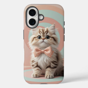 Coques iPhone 16 Chat adorable avec Cravate en bois sur Pastel doux