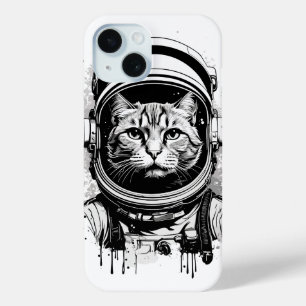 Coque Pour iPhone 15 Chat astronaute noir et blanc