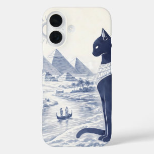 Coques iPhone 16 Chat Bastet égyptien antique et Pyramides Bleu