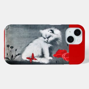 COQUE POUR iPhone 15 CHAT BLANC AVEC BOUTEILLE ROUGE