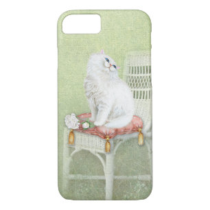Coque iPhone 7 chat blanc et rose sur élégante chaise coussin