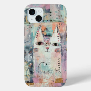 Coque iPhone 15 Mini Chat blanc mignon personnalisé