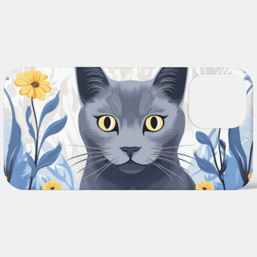 Coques Case-Mate iPhone Chat Bleu Russe Fleurs Jaunes (Retour (horizontal))