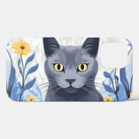 Chat Bleu Russe Fleurs Jaunes