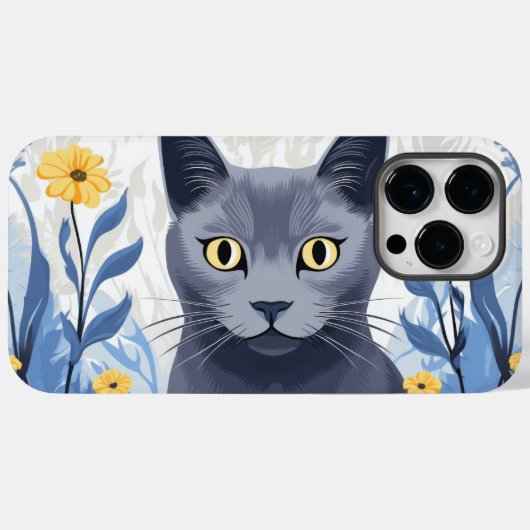 Coques Case-Mate iPhone Chat Bleu Russe Fleurs Jaunes (Verso (horizontal))