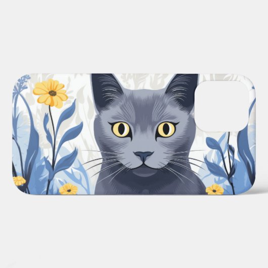 Coques Case-Mate iPhone Chat Bleu Russe Fleurs Jaunes (Verso (horizontal))