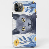 Coques Case-Mate iPhone Chat Bleu Russe Fleurs Jaunes (Dos)