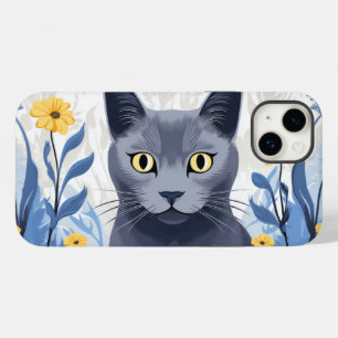 Coque Pour iPhone 14 Plus Chat Bleu Russe Fleurs Jaunes