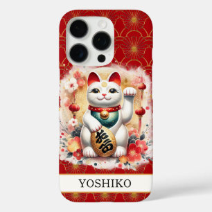 Coques iPhone 16 Pro Chat Chanceux avec Fleurs Rouges Monogrammées
