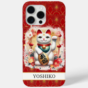 Coque iPhone 15 Pro Max Chat Chanceux avec Fleurs Rouges Monogrammées