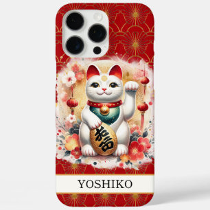 Coques iPhone 16 Pro Max Chat Chanceux Monogrammé de Fleurs Rouges