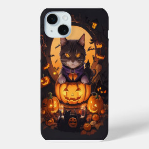 Coque iPhone 15 Mini Chat d'Halloween et citrouille
