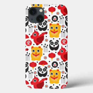 iPhone 13 Coque Chat, dragon, et panda chanceux de la Chine