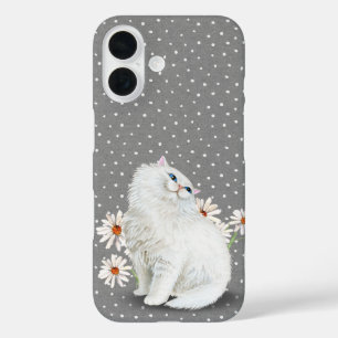 Coques iPhone 16 Chat et marguerites persanes blancs