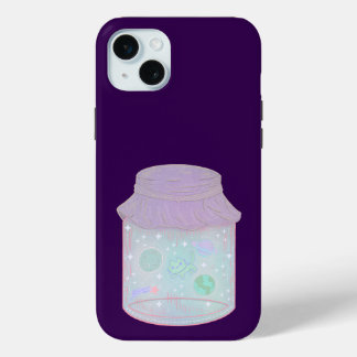 Coque iPhone 15 Mini Chat Galaxie dans un Pot | Art de Chat Kawaii de l