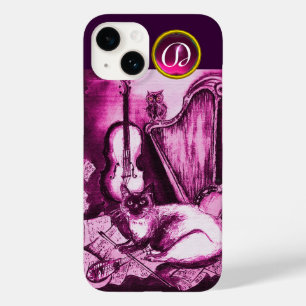 COQUE POUR iPhone 14 CHAT MUSICAL AVEC OWL EN ROSE PURPLE GEM MONOGRAM