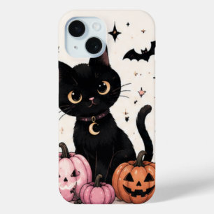Coque Pour iPhone 15 Chat noir au collier Lune Citrouille Rose