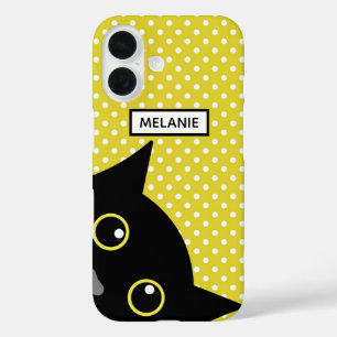 Coques iPhone 16 Chat noir curieux à pois jaunes Personnalisé