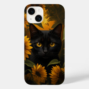 Coque Pour iPhone 14 Chat noir dans le jardin de tournesols esthétique