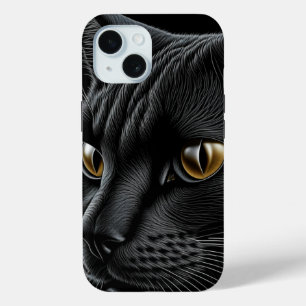 Coque Pour iPhone 15 Chat noir d'IA avec des yeux jaunes