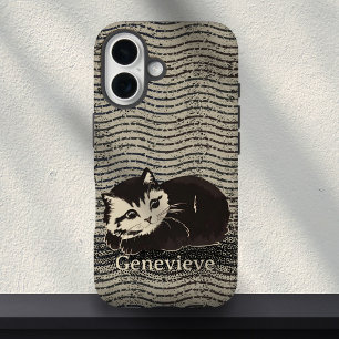 Coques iPhone 16 Chat noir et blanc mignon grunge Nom personnalisé