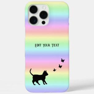 Coques iPhone 16 Pro Max Chat noir et papillon sur arc-en-ciel