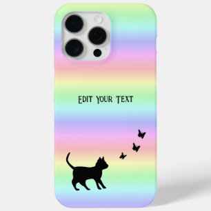Coque iPhone 15 Pro Max Chat noir et papillon sur arc-en-ciel