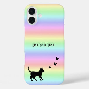 Coques iPhone 16 Plus Chat noir et papillon sur arc-en-ciel