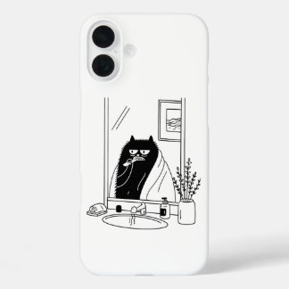 Coques iPhone 16 Plus Chat Noir Grincheux se Brosse les Dents Routine Ma