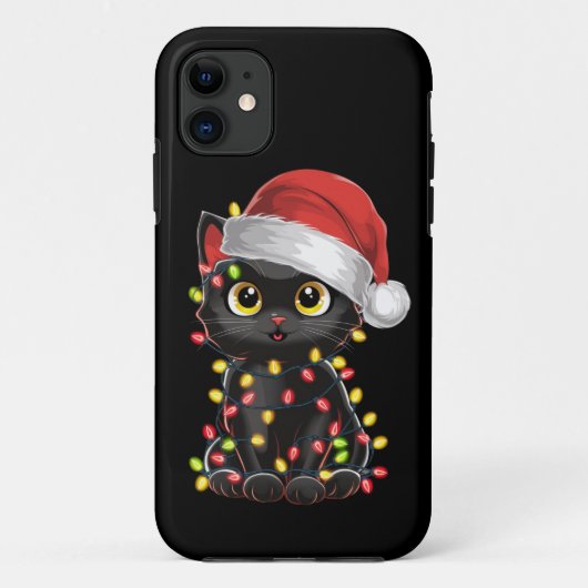 Coques Case-Mate iPhone Chat noir lumières d'arbre de Noël chaton drôle Pè (Dos)