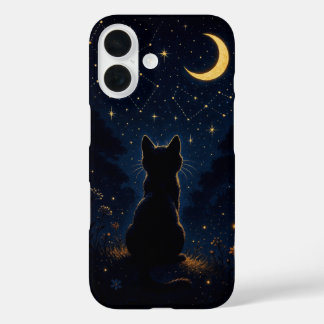 Coques iPhone 16 Chat noir sous la lune croissante - Ciel nocturne