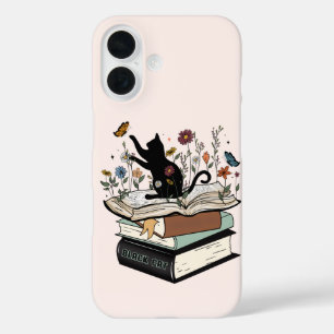 Coques iPhone 16 Chat noir sur le livre Chat drôle