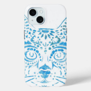 Coque Pour iPhone 15 chat pochoirs bleu