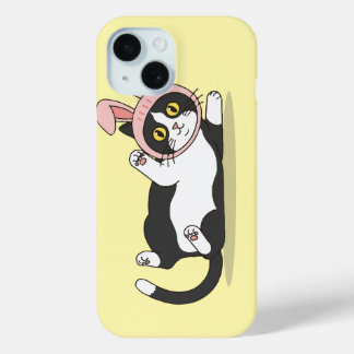 Coque Pour iPhone 15 Chat Tuxedo Adorable avec un Chapeau Lapin Rose