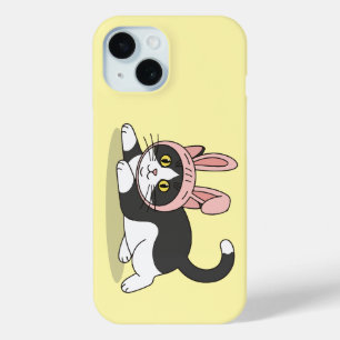 Coque Pour iPhone 15 Chat Tuxedo Mignon en Costume d'Oreilles de Lapin 