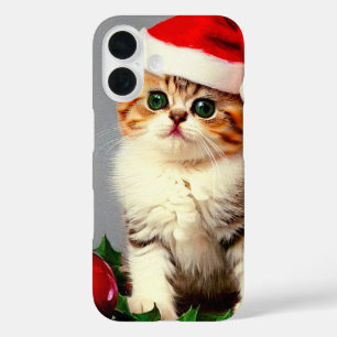 Coques iPhone 16 Chaton de Noël Vintage à Santa Hat